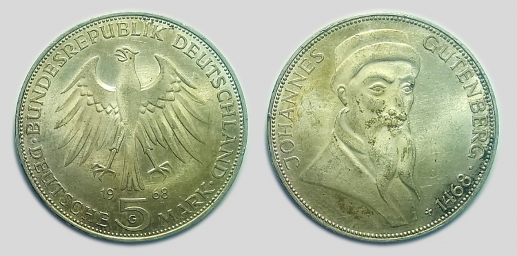 1968 Johannes Gutenberg 5 márka mark